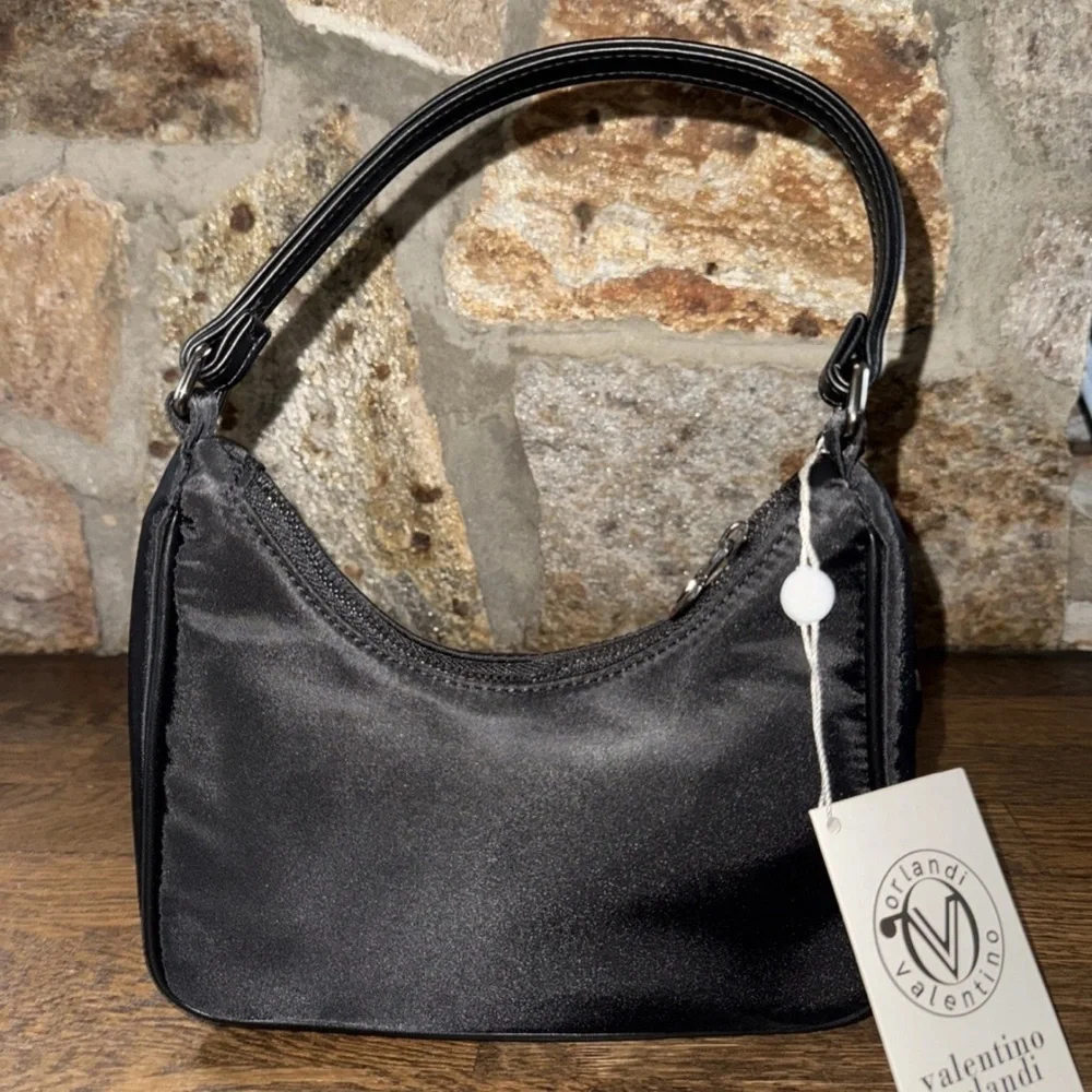 Valentino Orlandi Black Crescent Half Moon Minimal Nylon Shoulder Bag With Charm - Picture 4 of 6